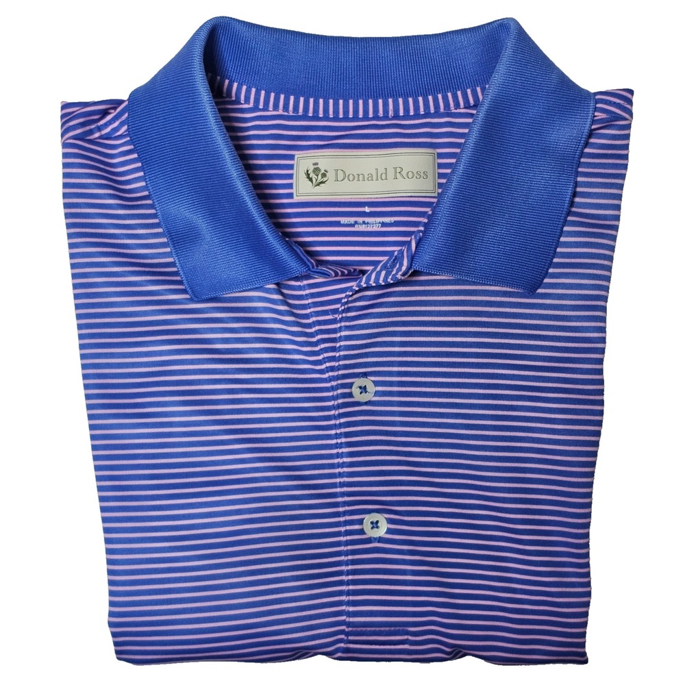 Donald Ross Striped Polo Shirt Men's Large Blue Pink Golf Short Sleeve